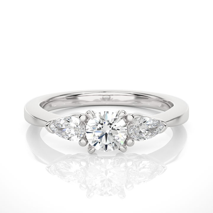 TRILOGY DIAMOND RING SET WITH ROUND DIAMOND IN CENTER , PEARS ON SIDES