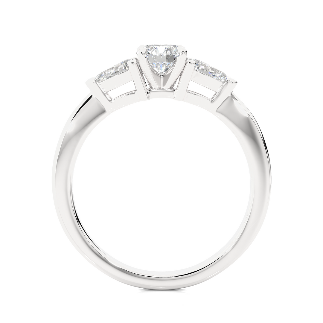 TRILOGY DIAMOND RING SET WITH ROUND DIAMOND IN CENTER , PEARS ON SIDES
