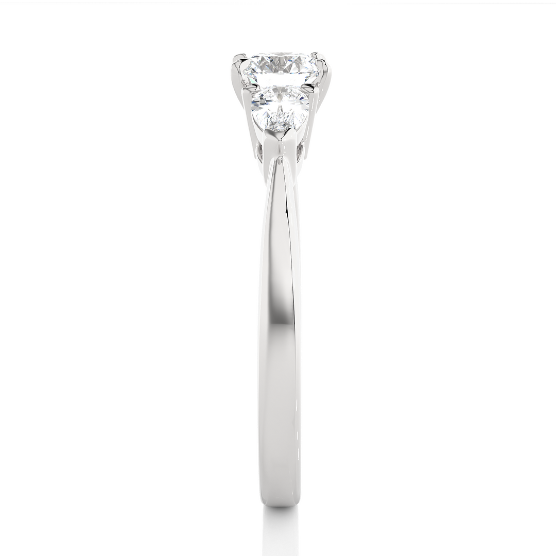 TRILOGY DIAMOND RING SET WITH ROUND DIAMOND IN CENTER , PEARS ON SIDES