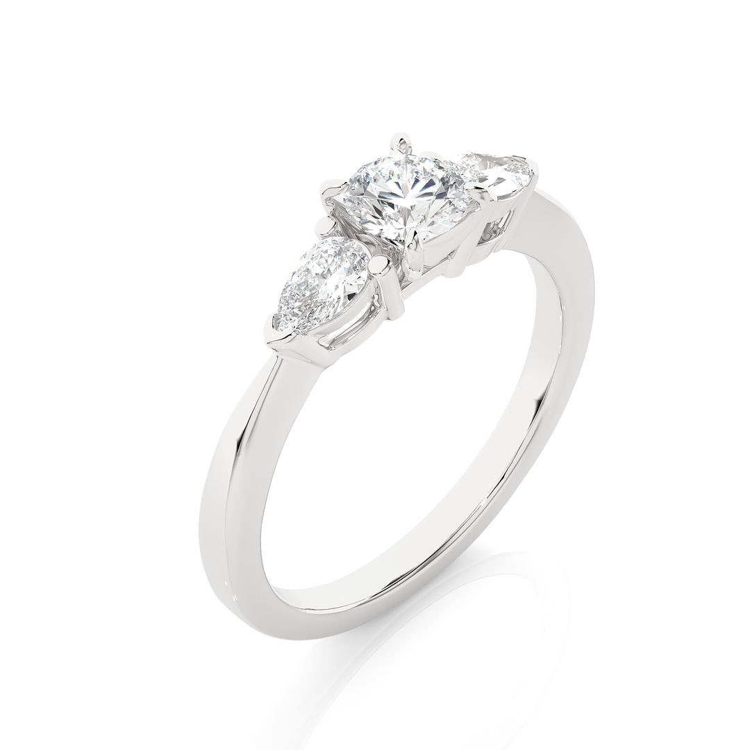TRILOGY DIAMOND RING SET WITH ROUND DIAMOND IN CENTER , PEARS ON SIDES
